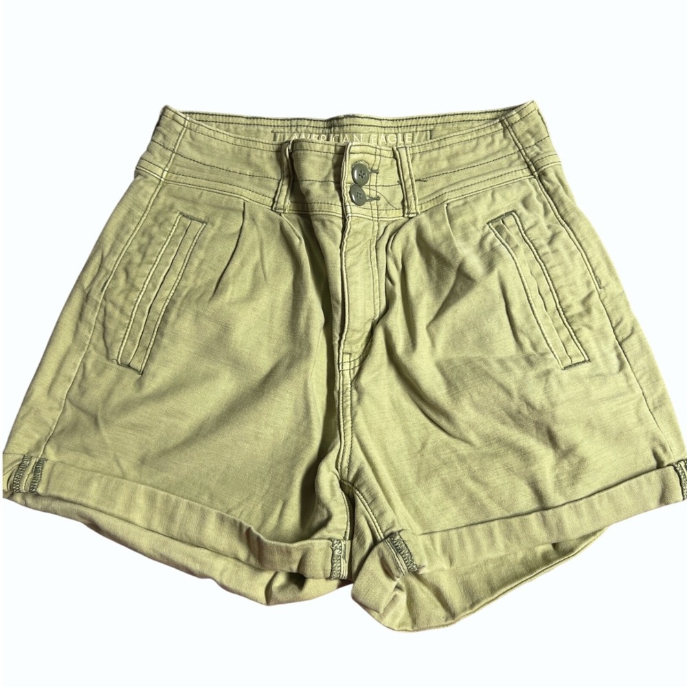 American Eagle Outfitters AE High Waisted Cuff Shorts Khaki Green Sz 0 Stretch
